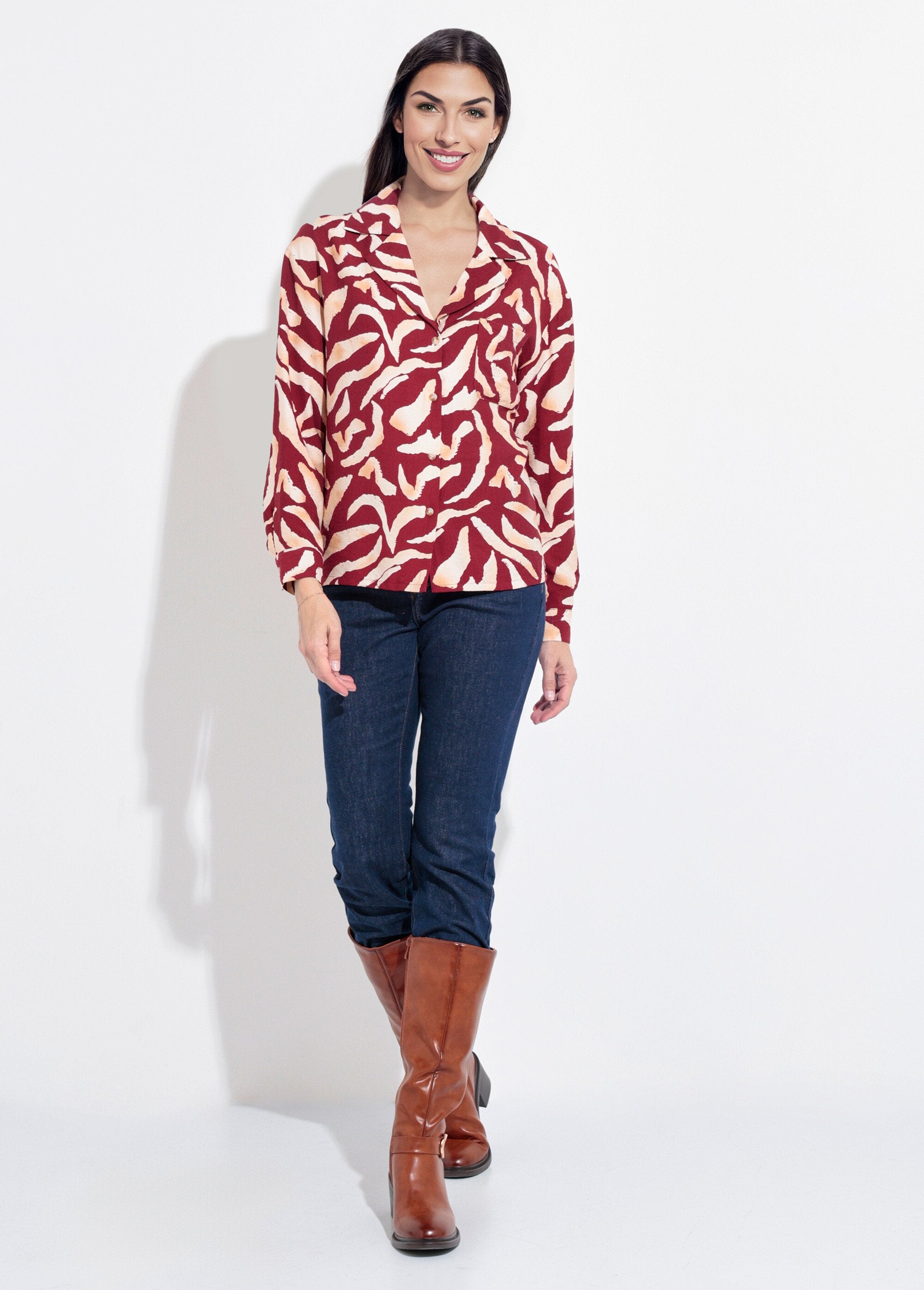 Graphic_print_blouse_with_tailored_collar_Bordeaux_and_ecru_SF1_slim