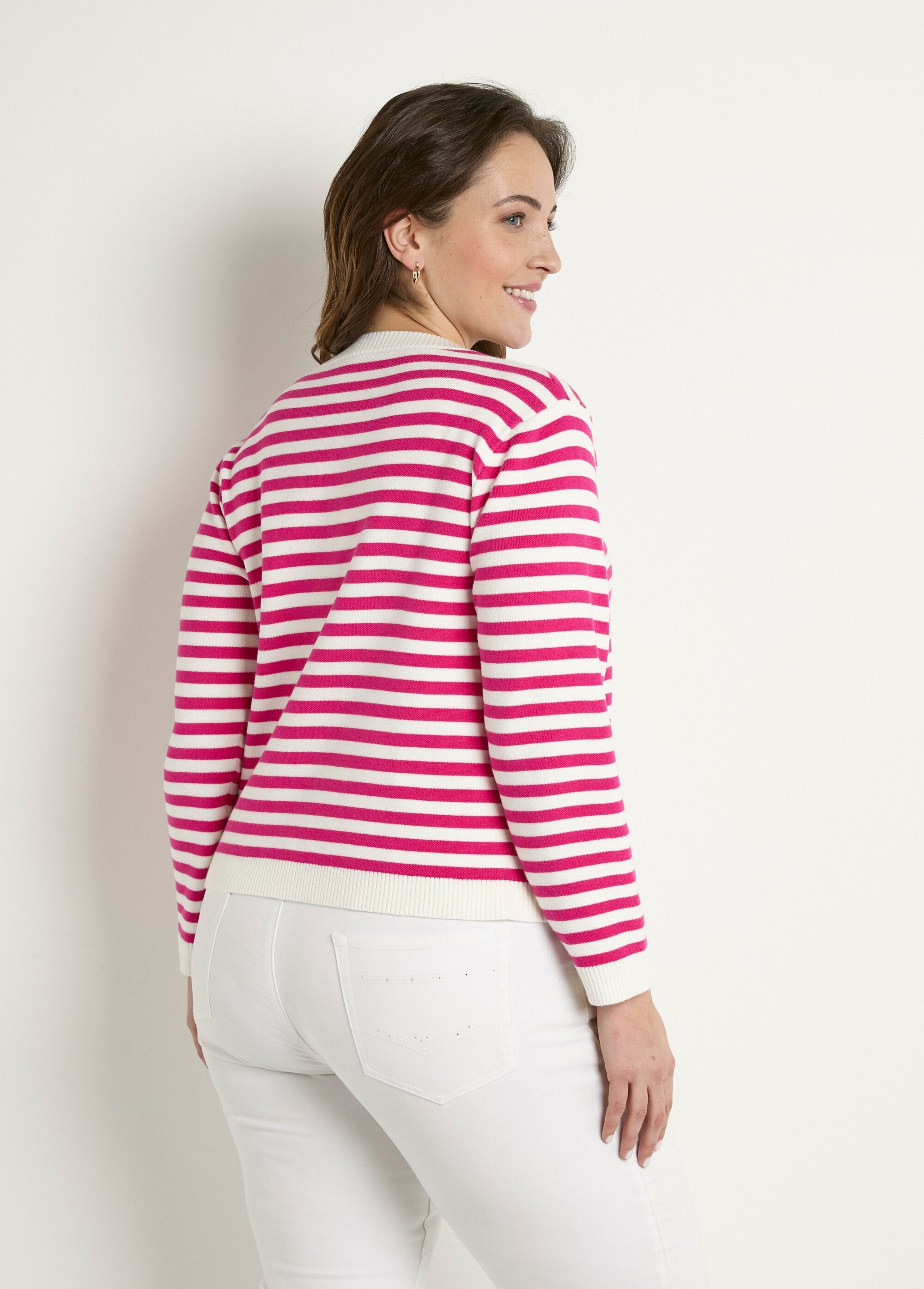 Striped_round_neck_buttoned_short_cardigan_vest_Fuchsia_stripe_DO1_curvy