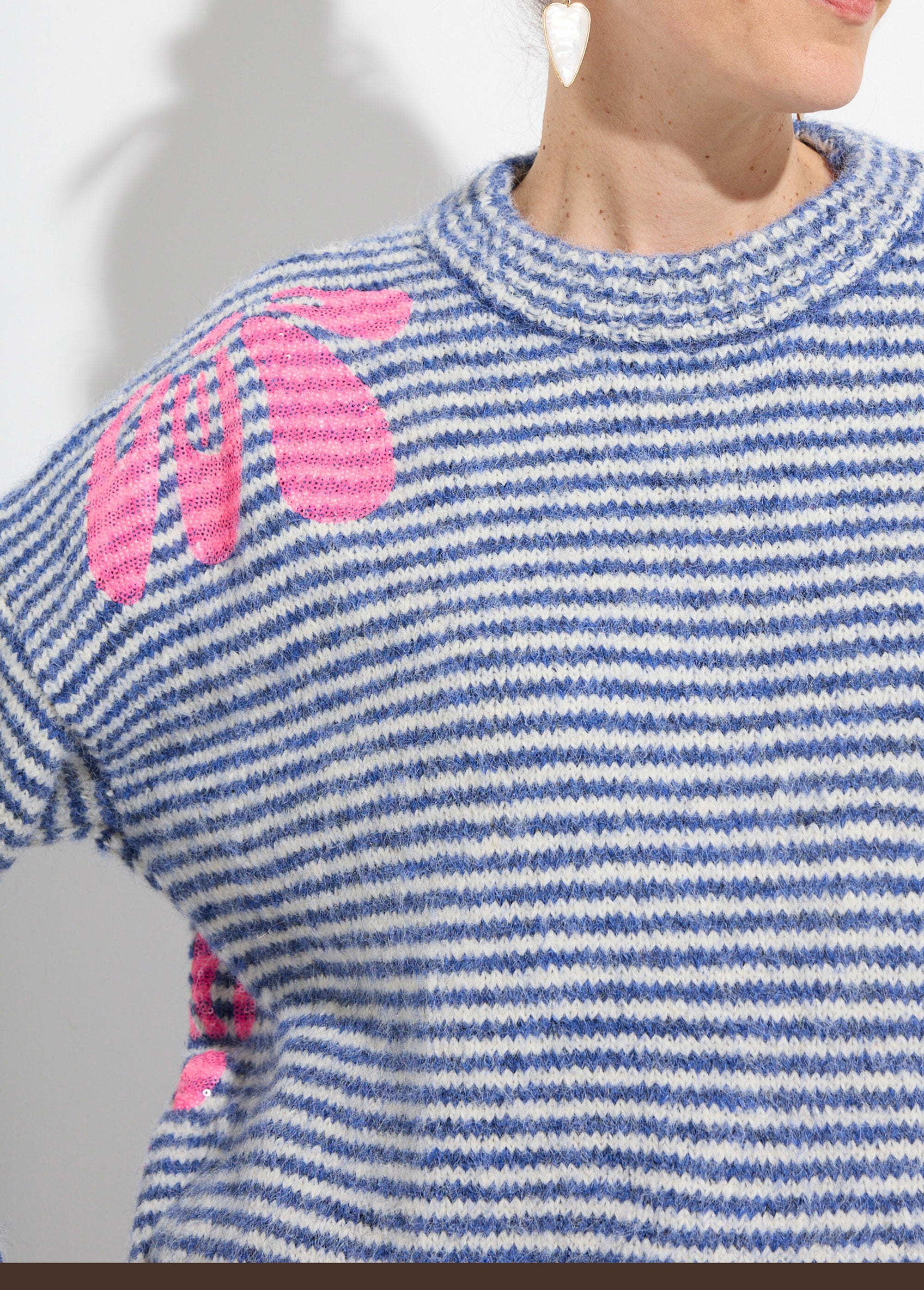 Pull_chaud_rayé_avec_laine,_motifs_fleur_Bleu_et_ecru_DE1_slim