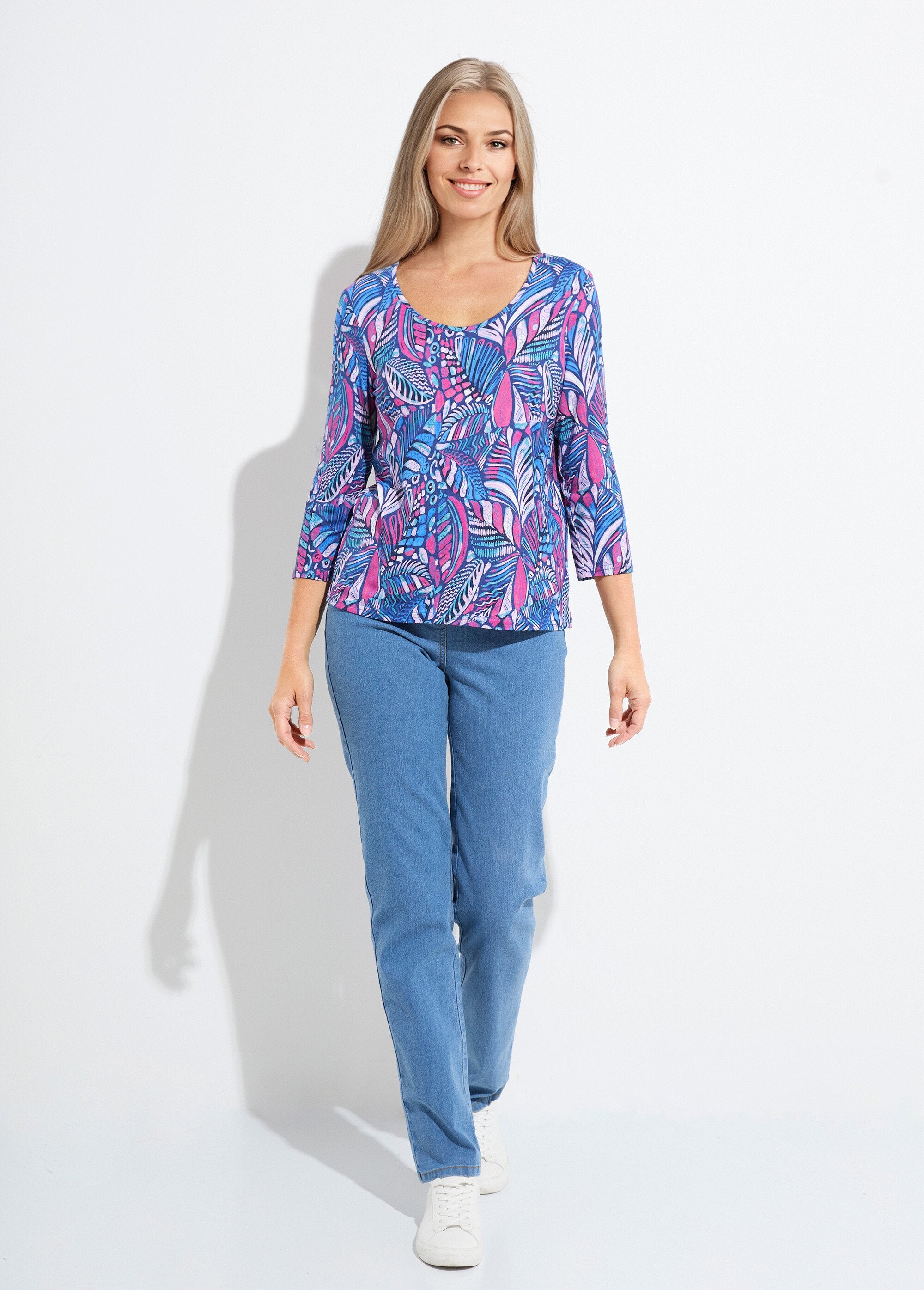 Patchwork_print_round_neck_T-shirt_Blue_and_pink_SF1_slim