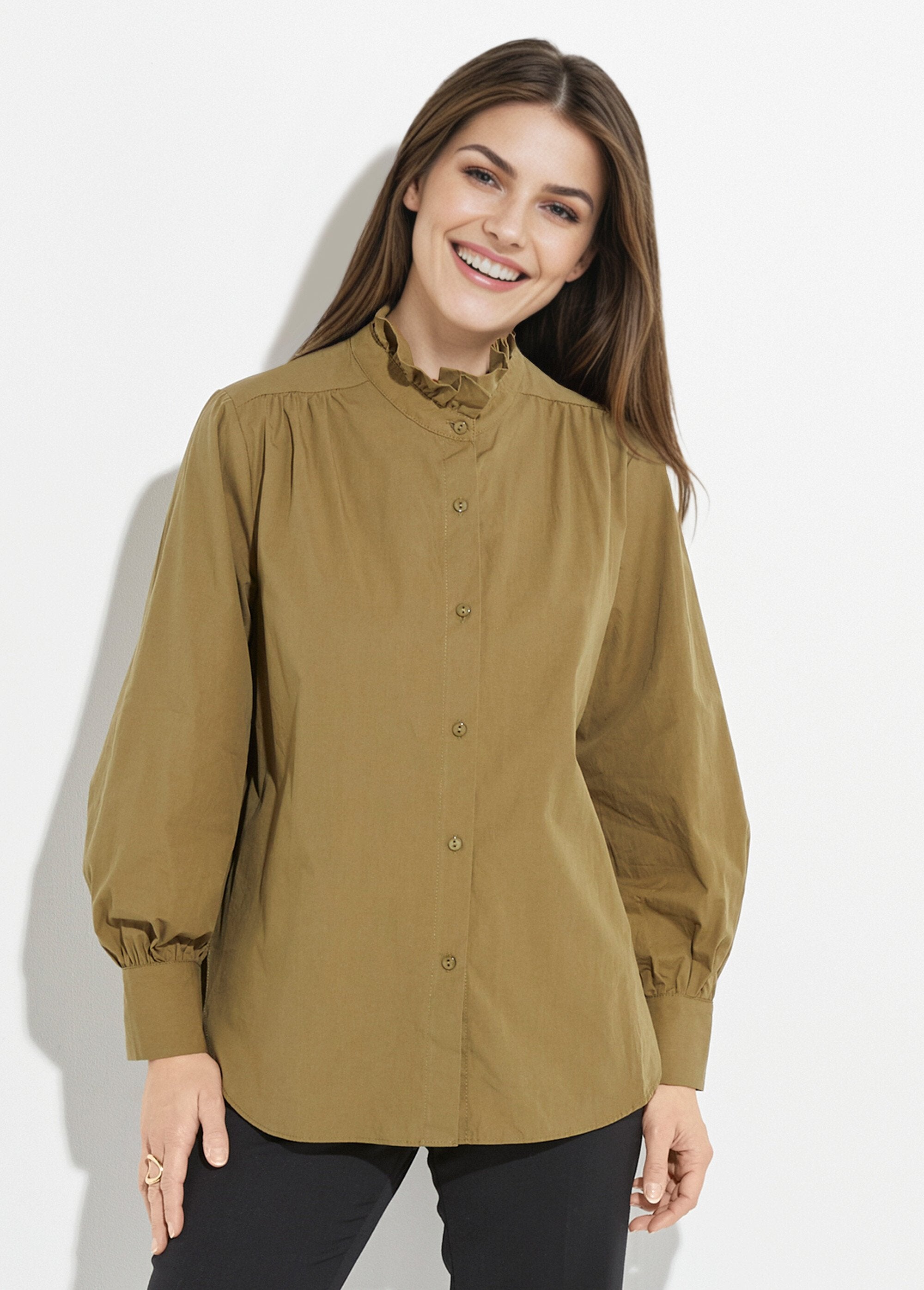Blouse_with_a_pleated_high_collar_Khaki_FA1_slim