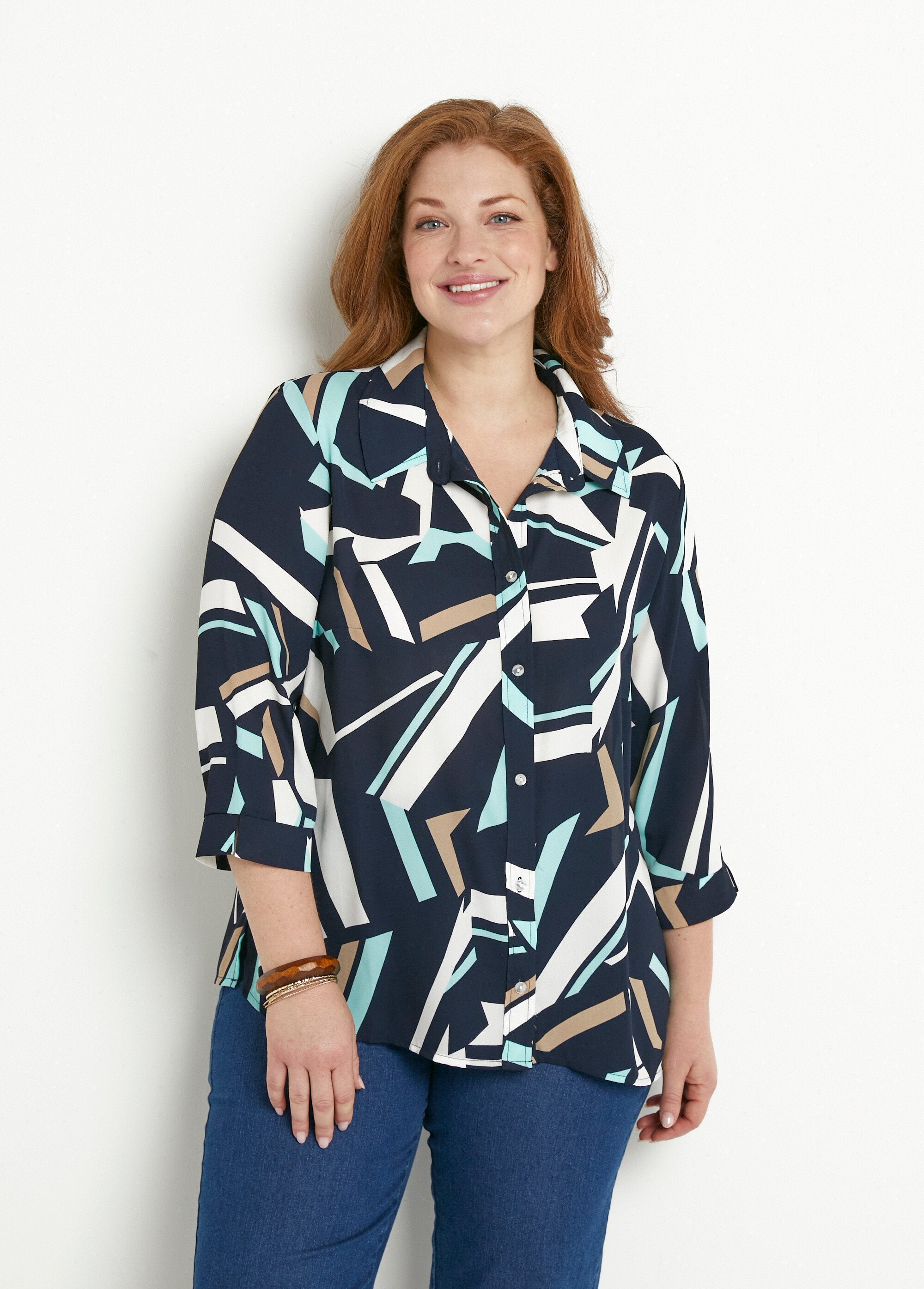 Straight_graphic_blouse_with_3/4_sleeves_Navy_and_beige_FA1_curvy