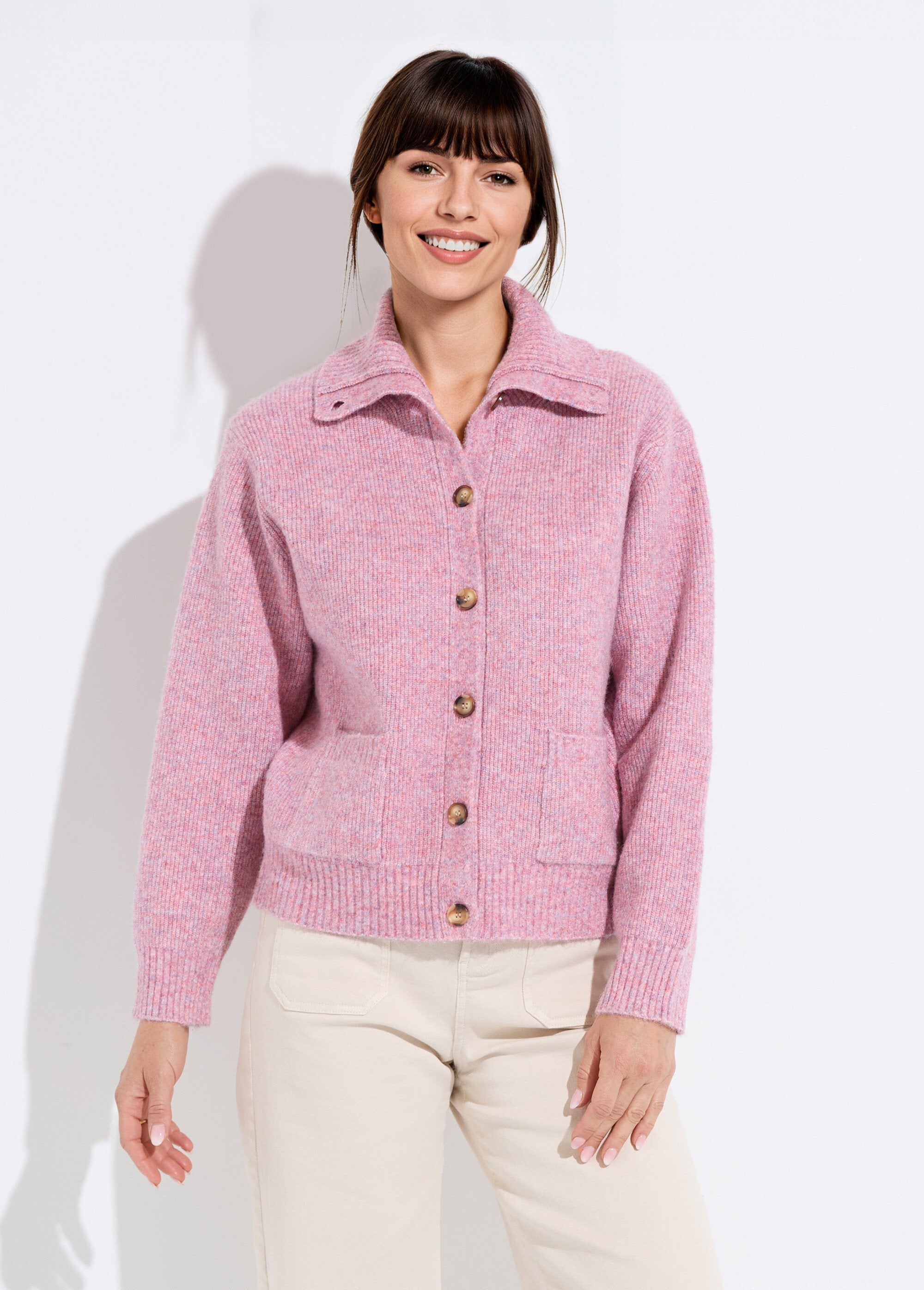 Gilet_boutonné_chaud_côtelé_avec_laine_et_fibres_recyclées_Rose_FA1_slim