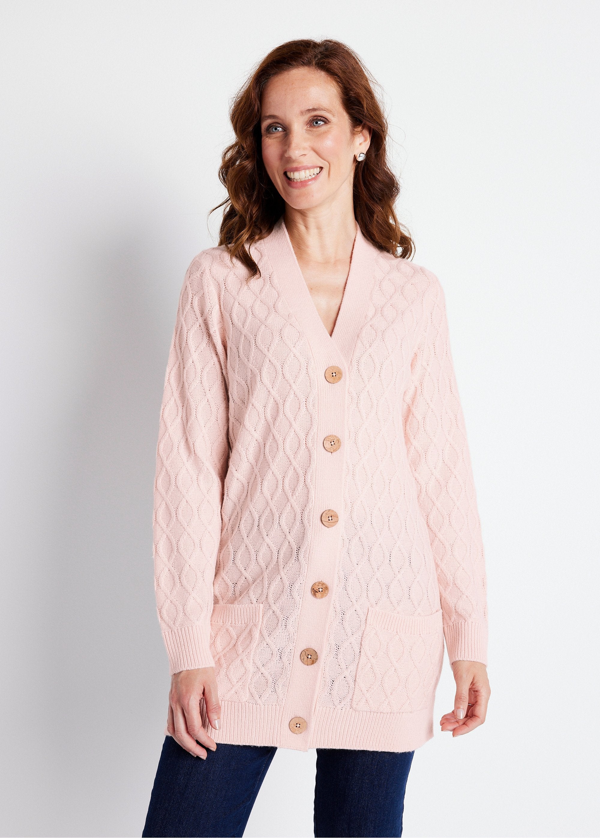 Long_buttoned_cable-knit_V-neck_cardigan_Pink_FA1_slim