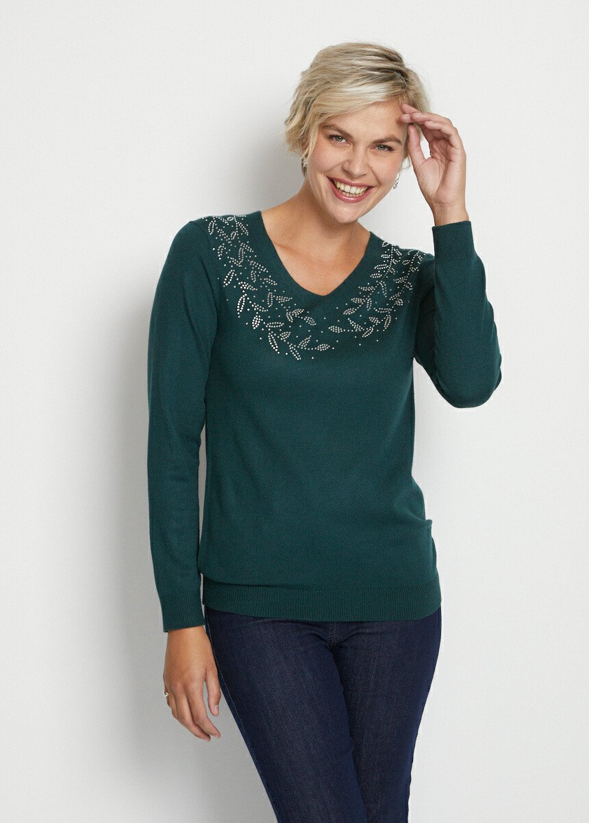 Long-sleeved_rhinestone_V-neck_sweater_Pine_green_FA1_slim