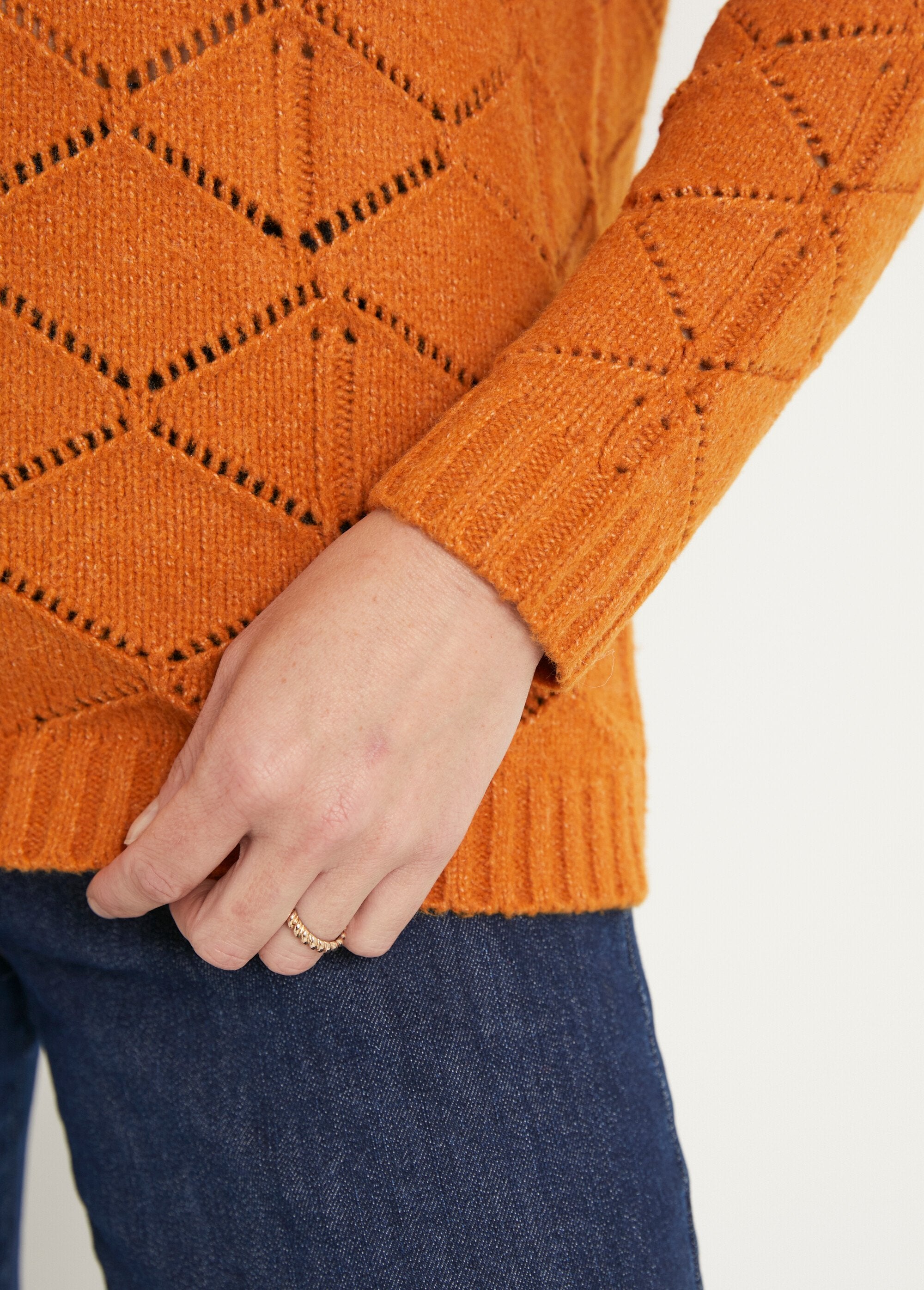 Openwork_short_sweater,_round_neck,_long_sleeves_Caramel_DE3_slim