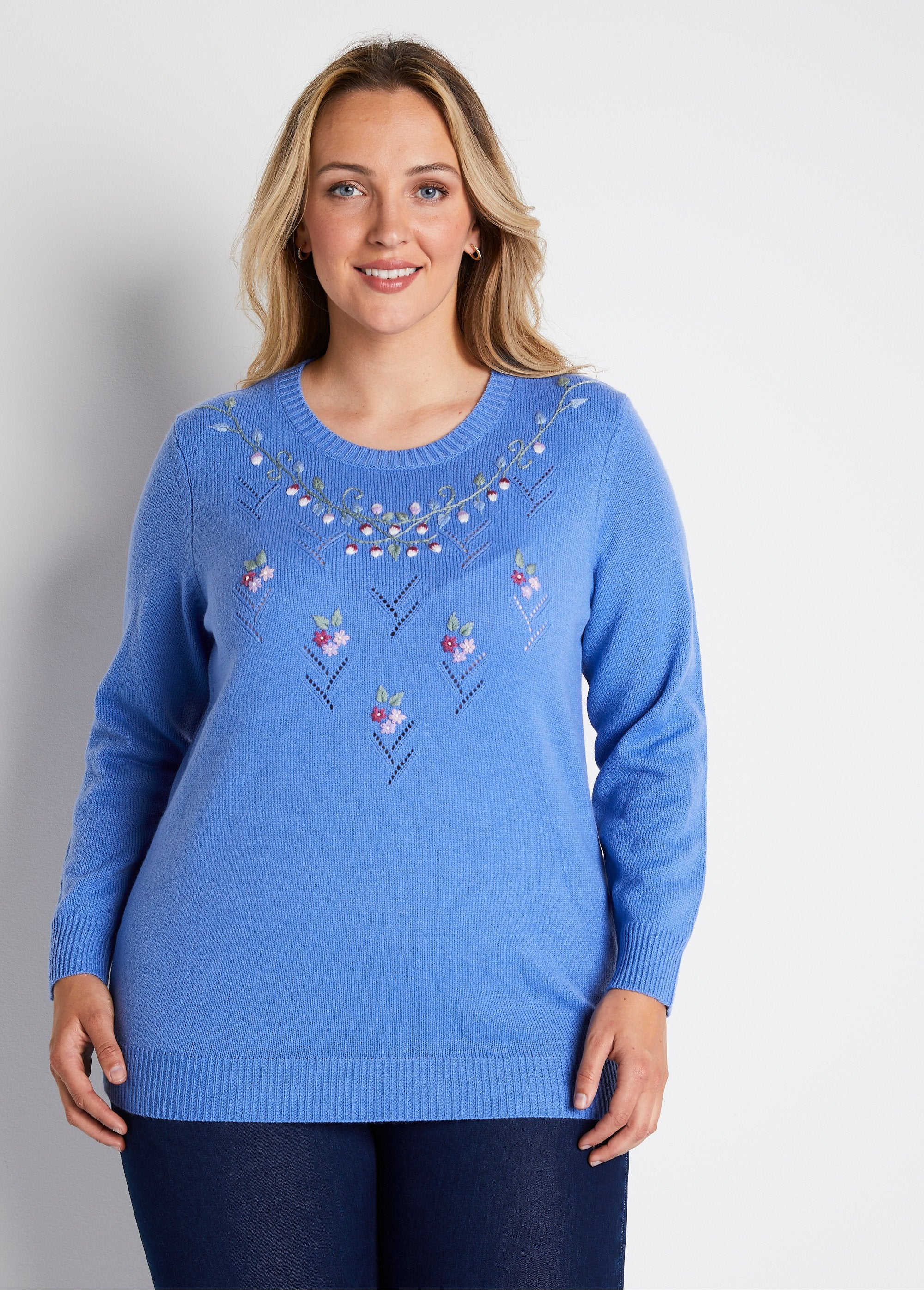 Soft_plain_embroidered_openwork_round_neck_sweater_Blue_FA1_curvy