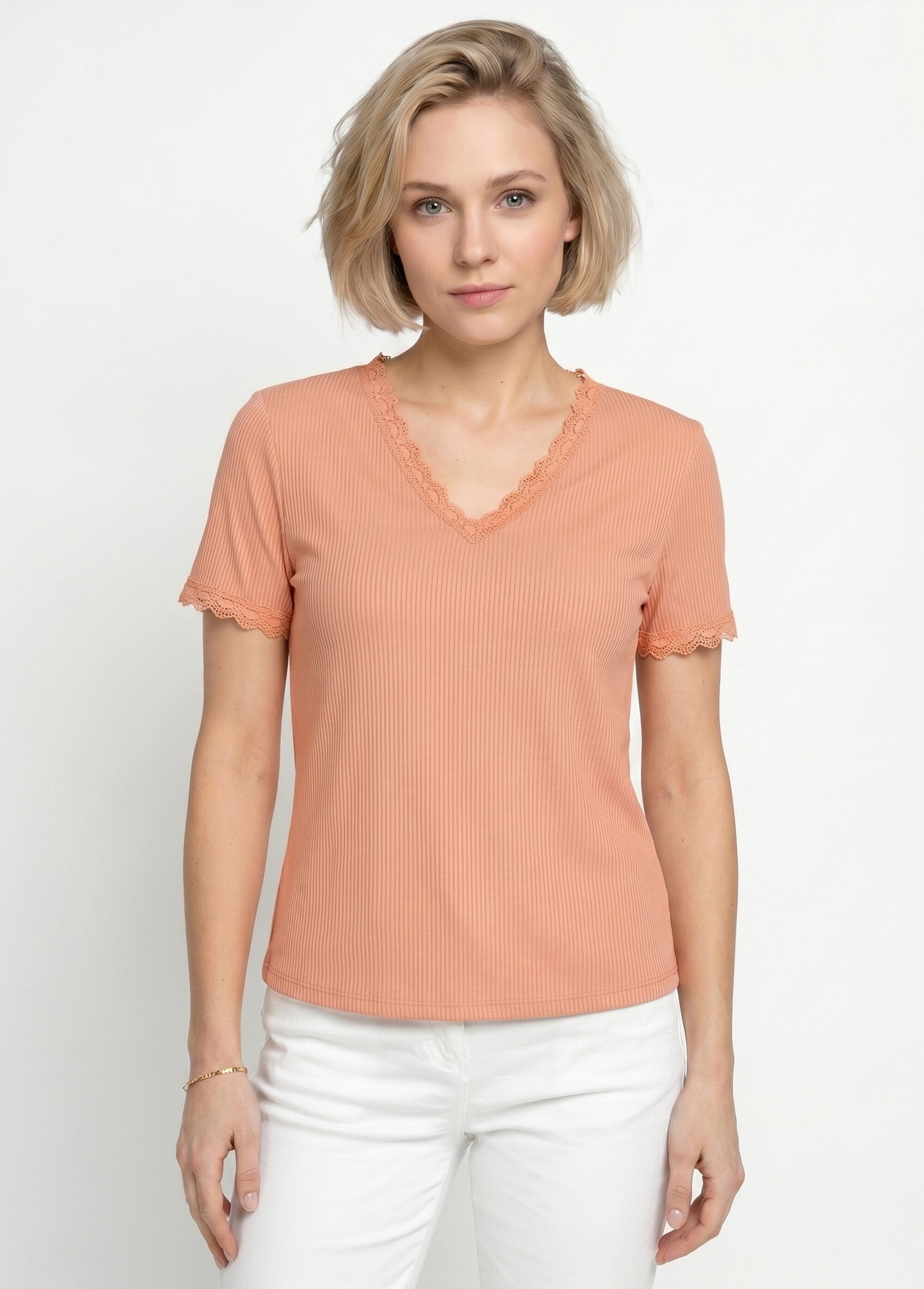 V-neck_t-shirt_with_fine_lace_ribbing_and_short_sleeves_Salmon_FA1_slim