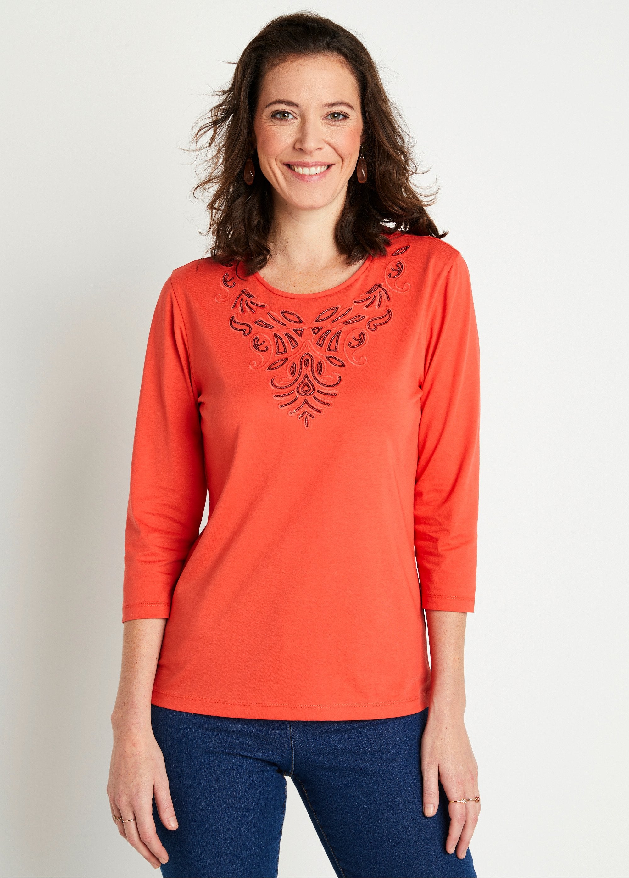 Short_embroidered_t-shirt_with_3/4_sleeves_Orange_FA1_slim