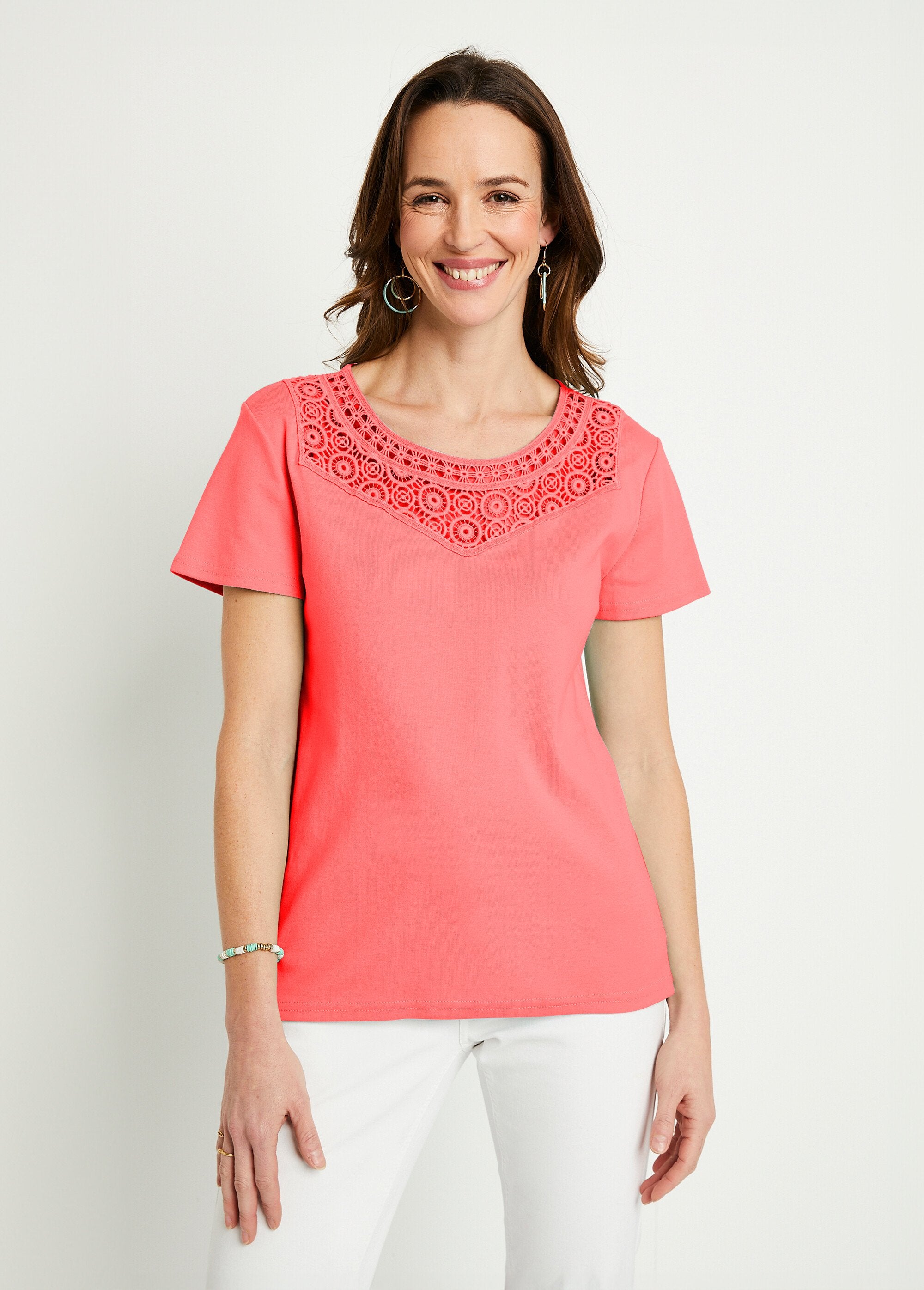 Short-sleeved_plain_cotton_macramé_t-shirt_Coral_FA1_slim