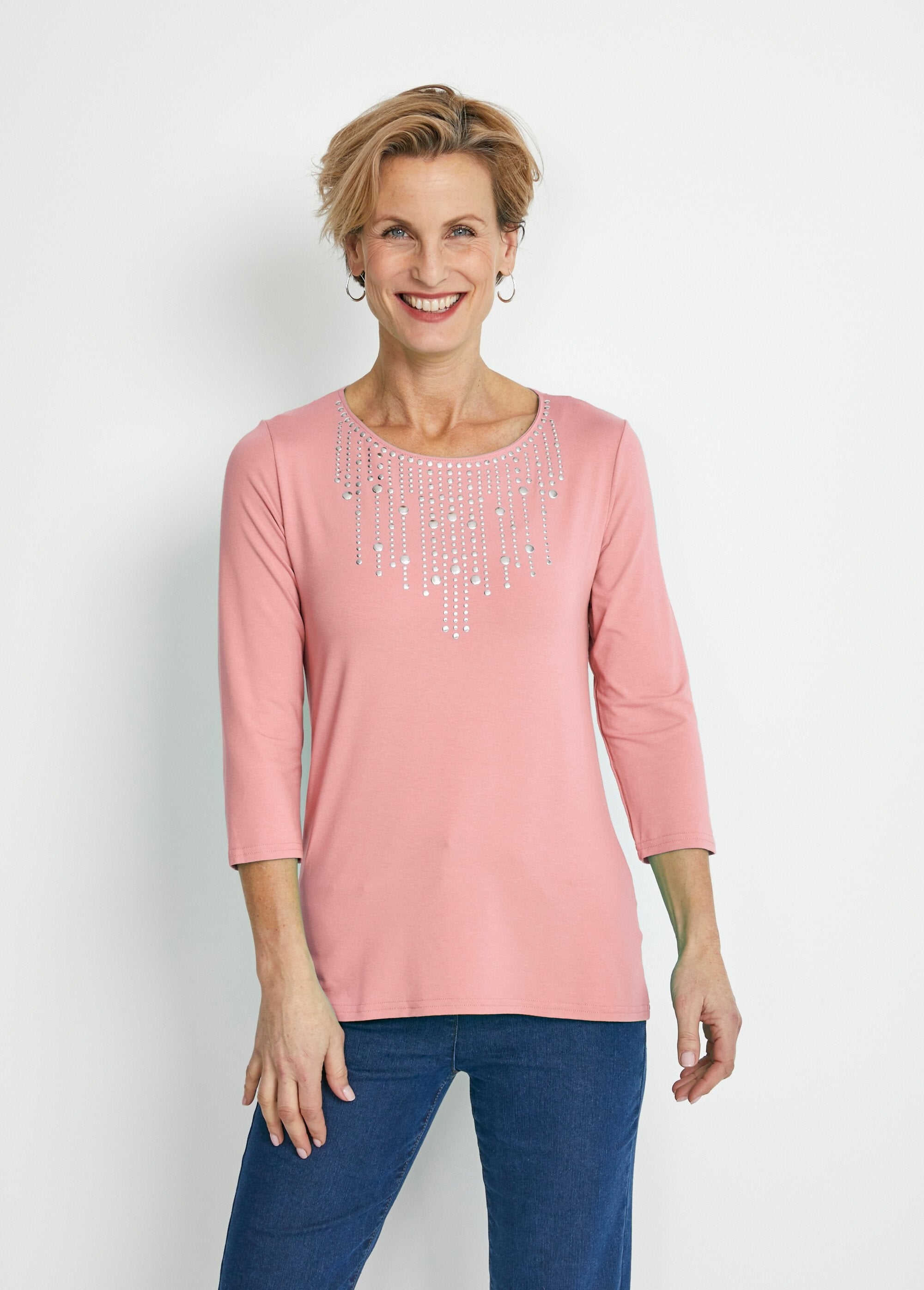 Fancy_studded_3/4_sleeve_t-shirt_Pink_FA1_slim