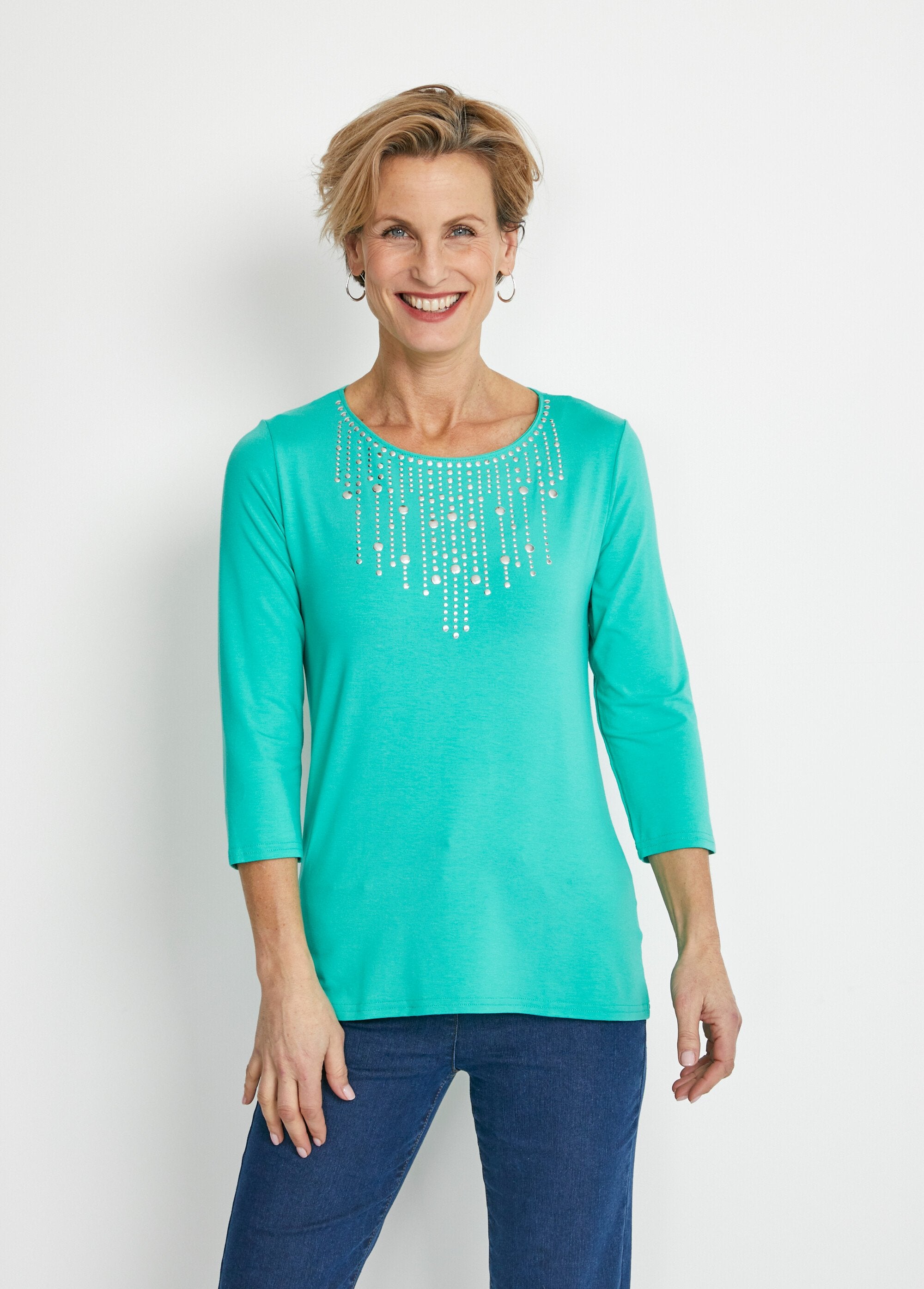 Fancy_studded_3/4_sleeve_t-shirt_Green_FA1_slim