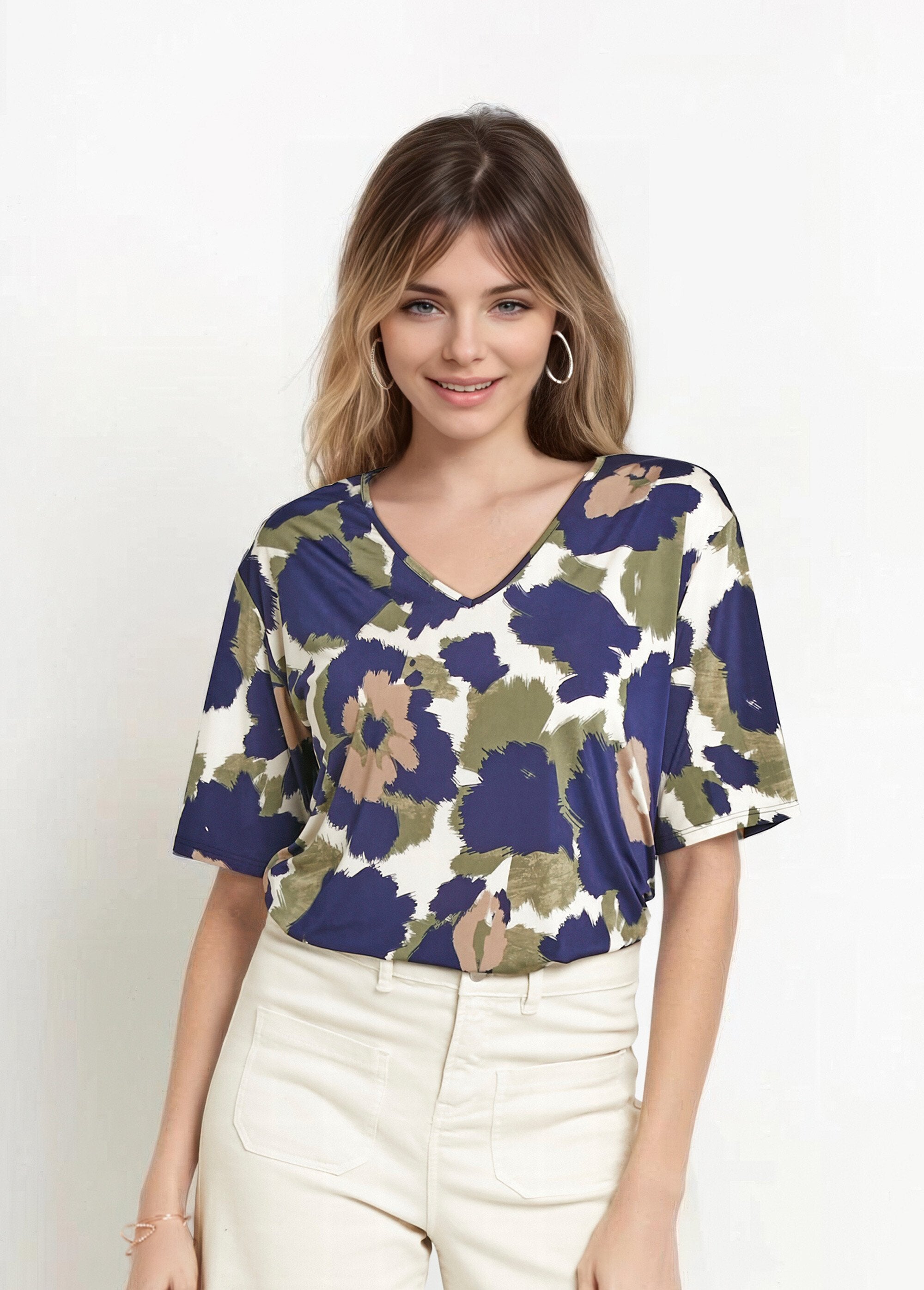 Stretch_tunic_with_V-neck,_stylized_floral_Navy_and_khaki_FA1_slim