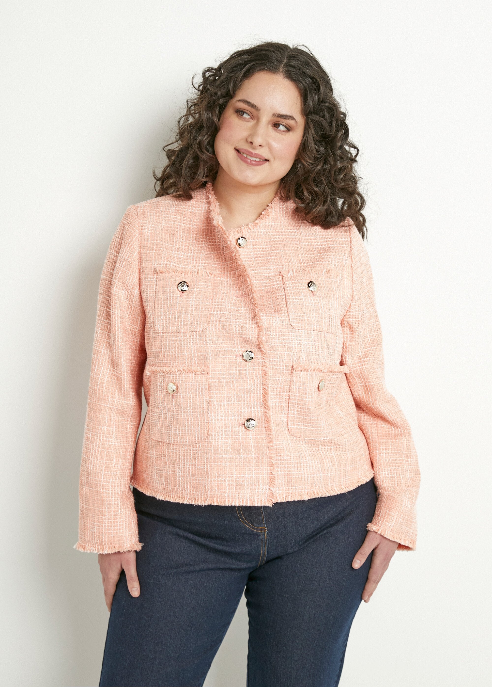 Short_buttoned_collarless_jacket_in_plain_woven_fabric_Apricot_FA1_curvy